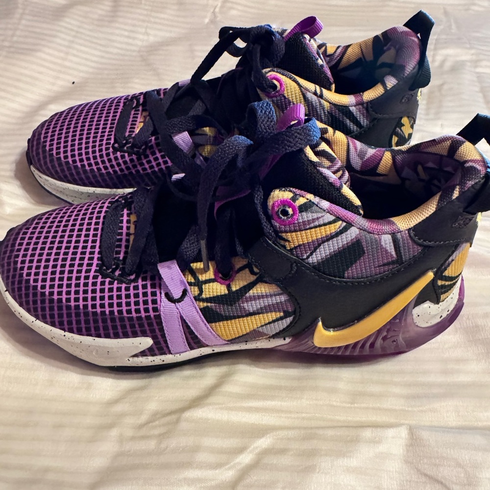Nike Purple and Yellow LeBron Athletic Shoes
